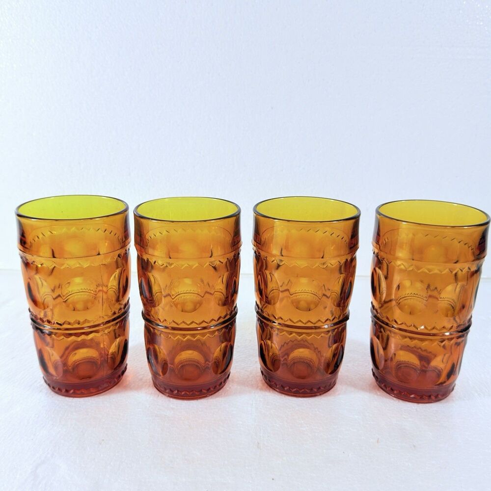 Vintage Indiana Glass King's Crown Thumbprint Set of 4 Glass Tumblers MCM Retro
